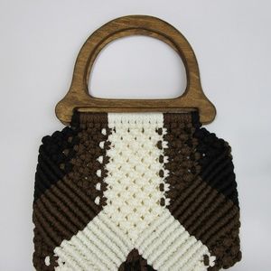 Vintage 1970's Macrame Handbag Purse Wood Handle